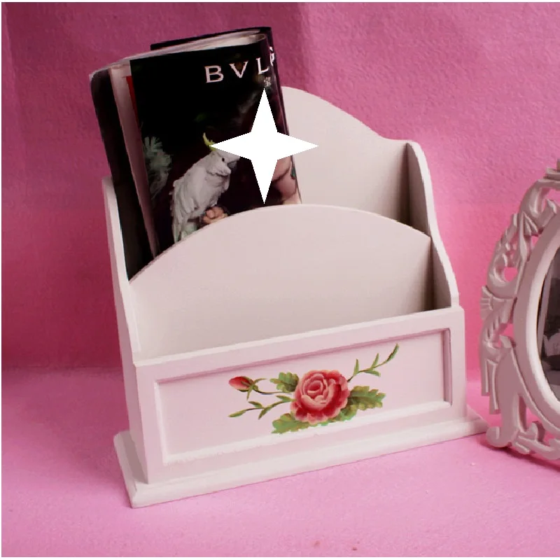 

European Style Wooden Pastoral Tabletop Storage Box, Rose Letter Insertion Book and Newspaper Remote Control Rack