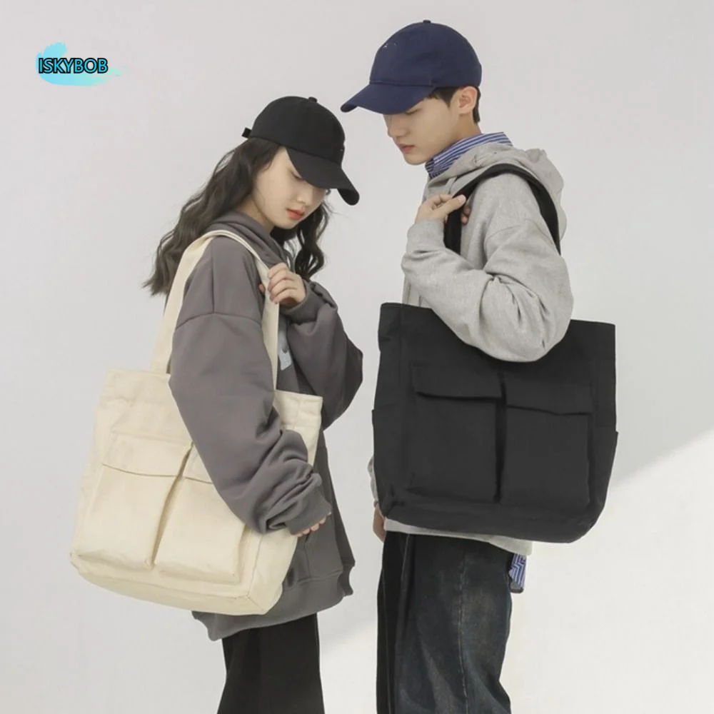 

Trendy Multi-pocket Tote Bags Canvas Large Capacity Single Shoulder Bag Light Weight Commuting Messenger Bags Unisex