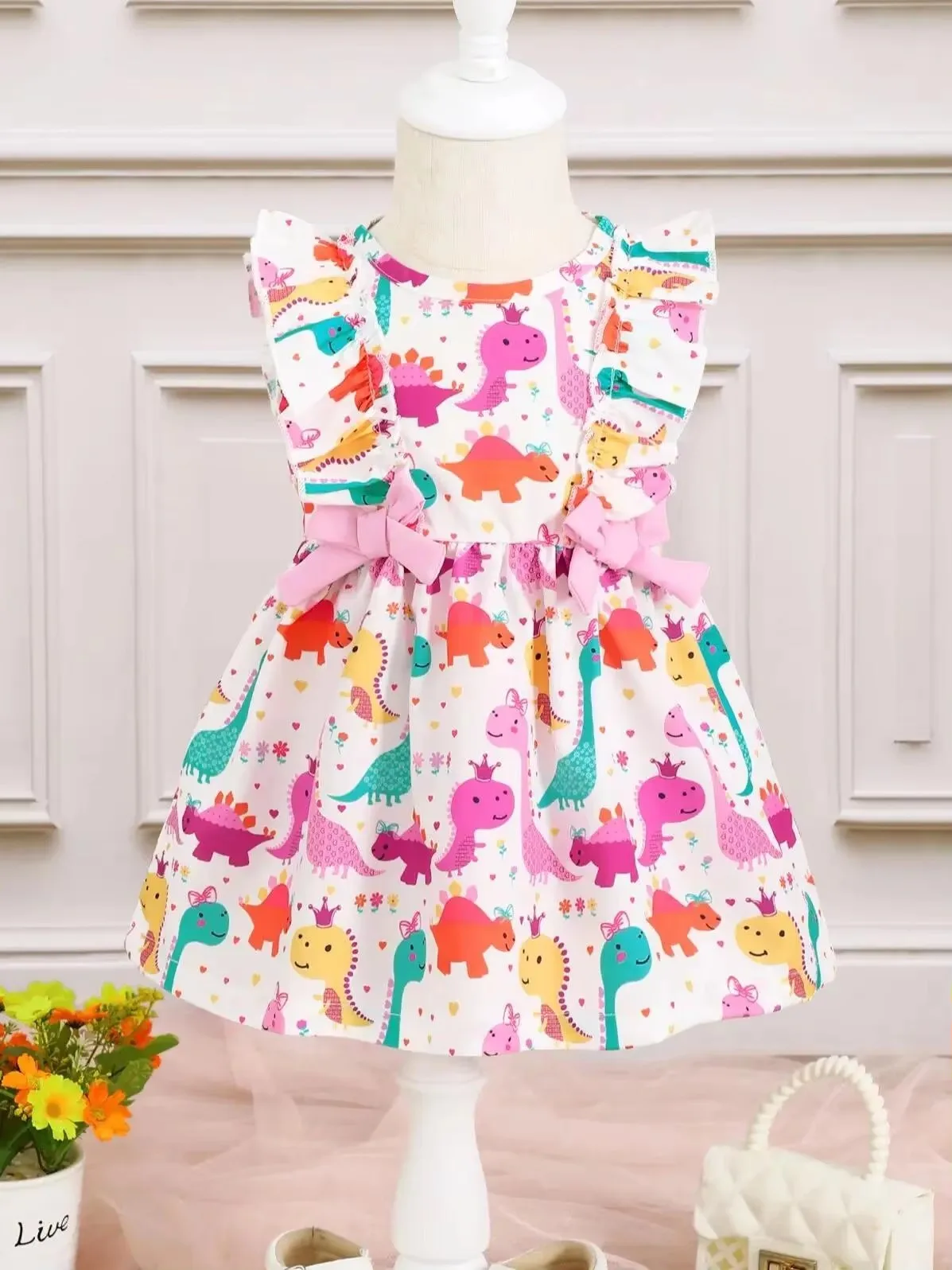 Fashion Cartoon Little Dinosaur Sleeveless Dress Suitable Baby Girl Summer Seaside Sand Cool Skirt for Toddler Girl 0-3 Years