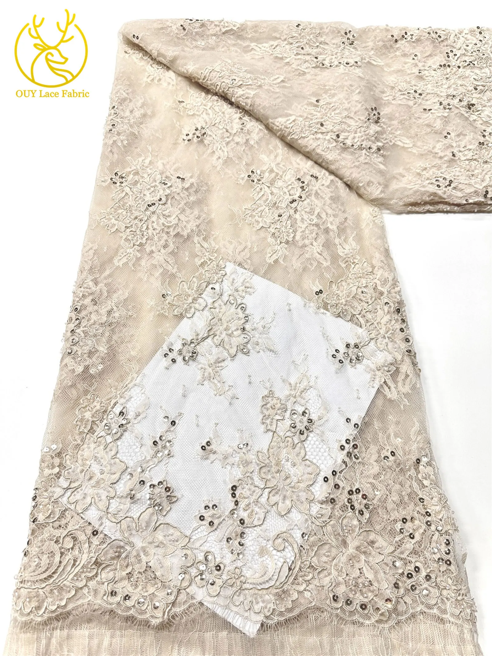 Elegante, exquisite, würdevolle, neue, modische, handgefertigte, perlenbesetzte, mit Pailletten bestickte Netzspitze, vollständig mit Perlen besetzt, für Damen-Hochzeitskleider – Detail 10
