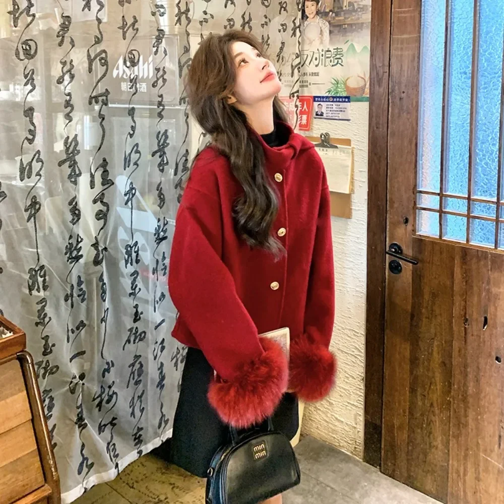 여성용 신상 겨울 리얼 퍼 코트 천연 여우털 재킷 커프스 여성 울 혼방 아우터 여성용 캐시미어 울