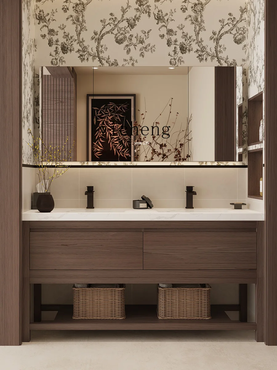 Tqh Ancient Style Corian Integrated Double Basin Floor Rubber Wood Bathroom Cabinet Combination Washstand