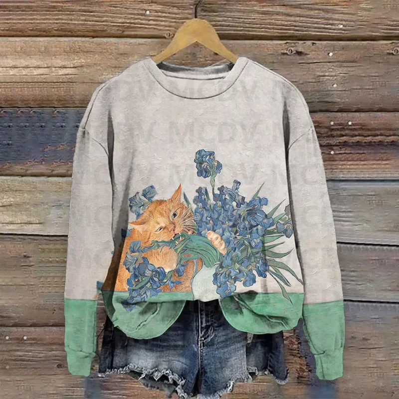 Funny And Cute Cat Scared By Mouse Print Crew Neck Sweatshirt 3D Printed Women Casual Pullover