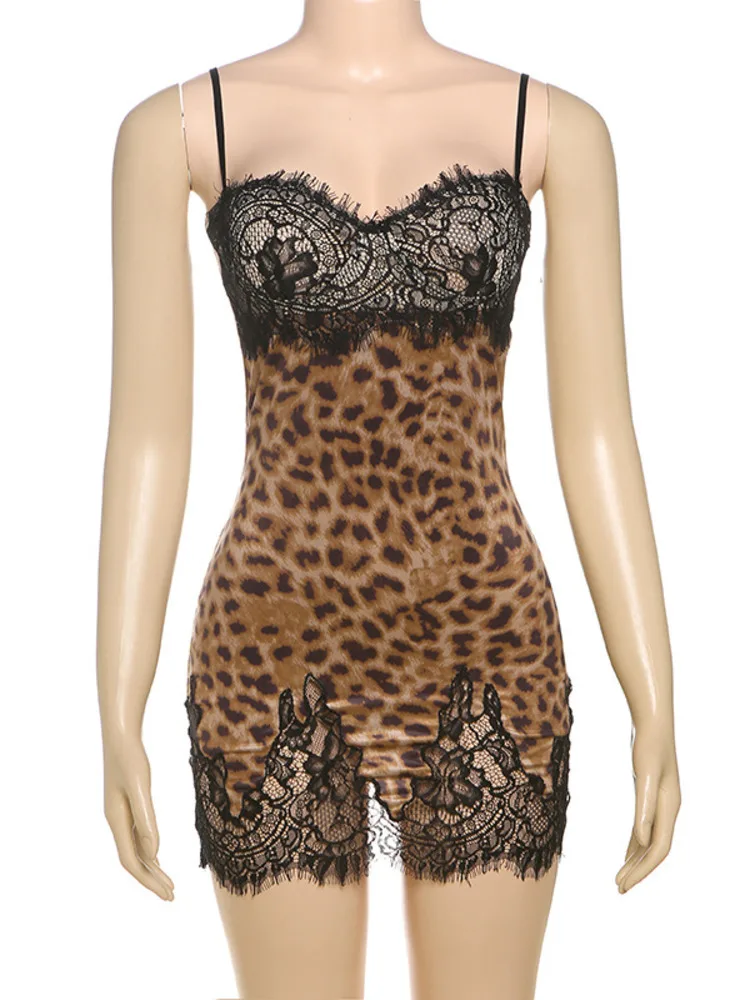 Mozision Lace Leopard Print Sexy Mini Dress For Women Fashion Patchwork Sleeveless Backless Beach Club Party Dresses Female - Image 6