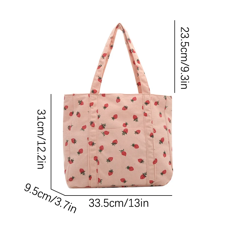 Forest Fresh Corduroy Handbag Strawberries Sweet Versatile Shoulder Bag Large Capacity Commuter Women's Tote Bag