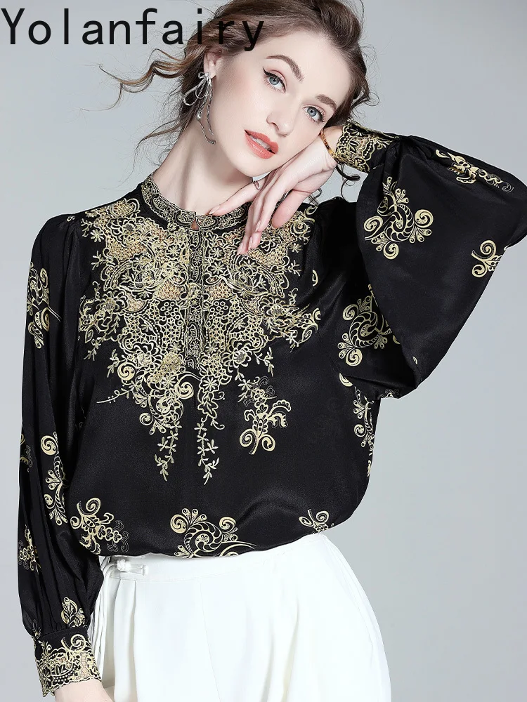 Yolanfairy high-end 100% genuíno seda amoreira camisa feminina bordado camisas de manga longa mulher vintage topos blusas estilo tribunal