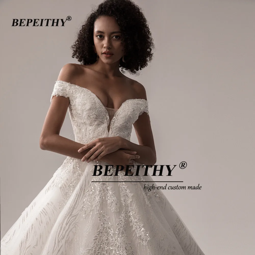 Bepeithy personalizado fora do ombro glitter vestidos de casamento para as mulheres 2022 dubai vestido de noiva luxo vestido de baile para noiva novo