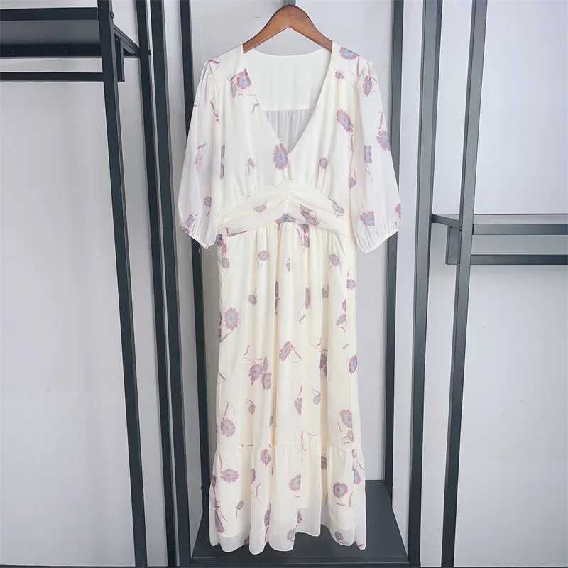

Women's Elegant Dress Print V-neck Puff Sleeve Midi Robe Summer 2024 New