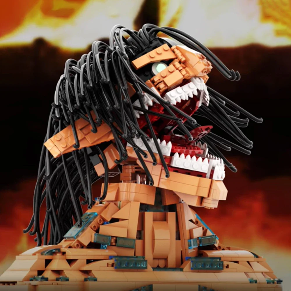 MOC Anime japonés Titan Eren Brickheadzs juego de bloques de construcción película ataques Titaneds personajes blindados ladrillo gigante juguetes regalo