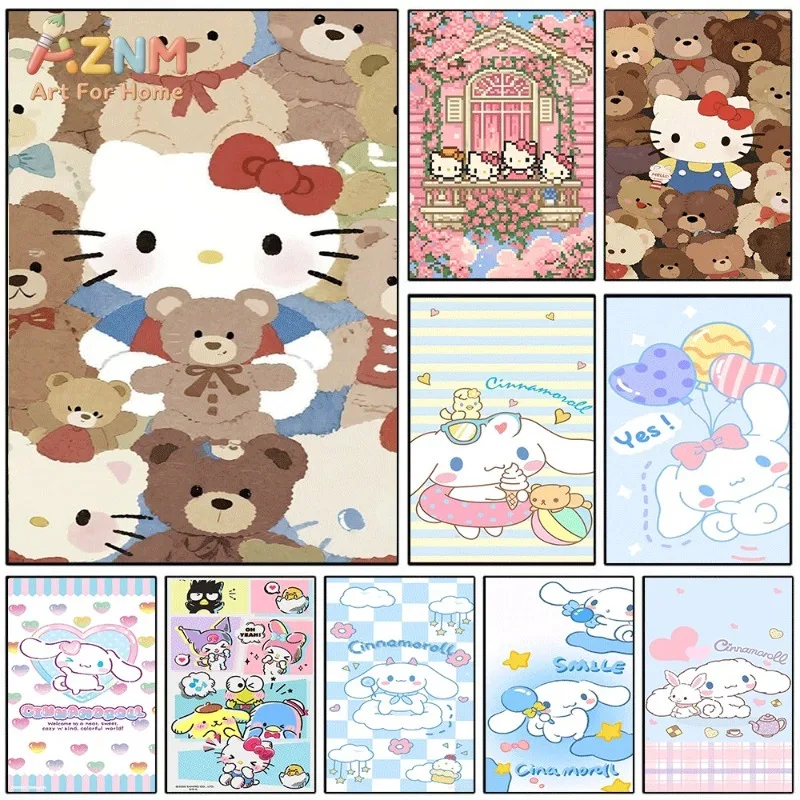 Sanrio Hello Kitty Canvas Wall Art Unframed Print Teddy Bear Group Cute Cartoon Poster for Bedroom Dorm Home Interior Wall Decor