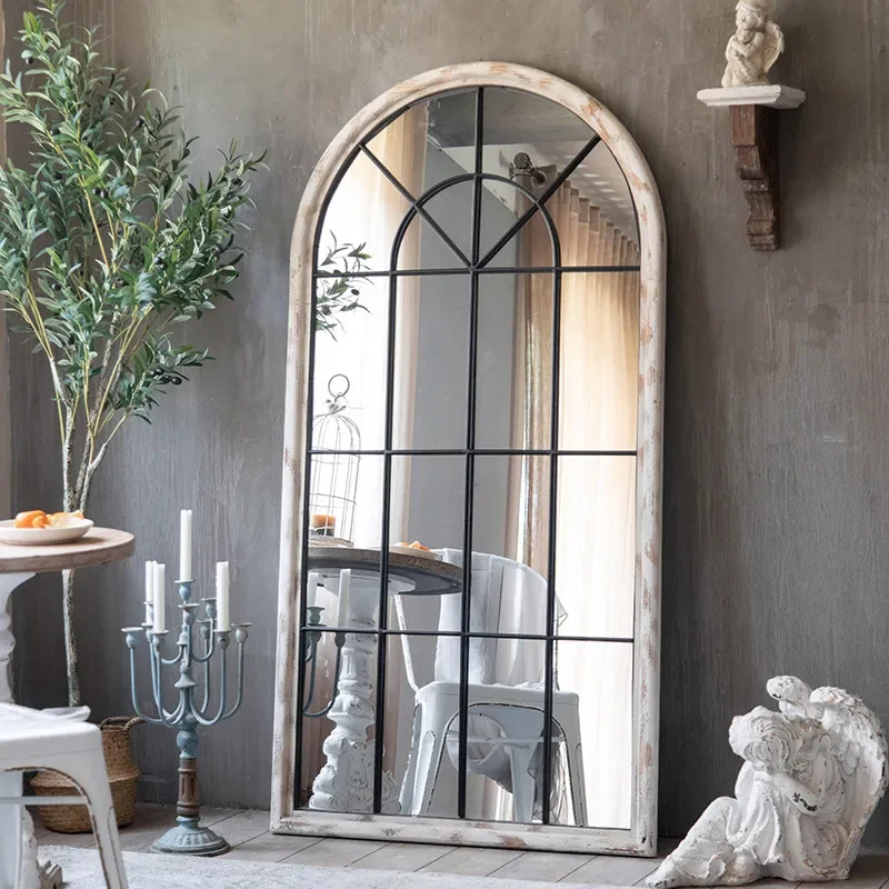 American retro solid wood distressed full-length mirror dressing mirror floor-to-ceiling French bedroom home large mirror can ha