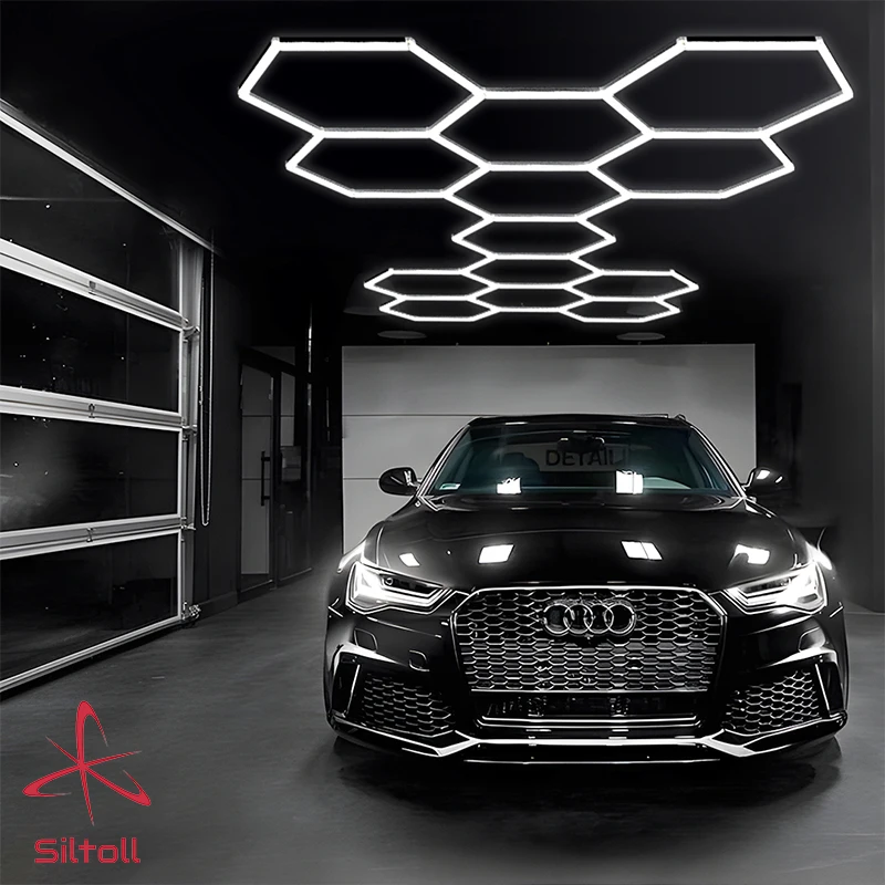 

Good Quality Custom Made Garage Hexagon Led Detailing Light High Performance Showroom Car Workshop Hexagonal Lighting