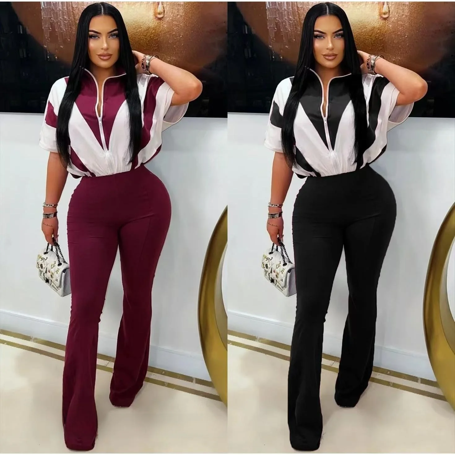 

Faionable ort Sve Zipper Contrasting Jumpsuit High Waist Straight Leg Pants Commute Sle Thin Polyester Fabric