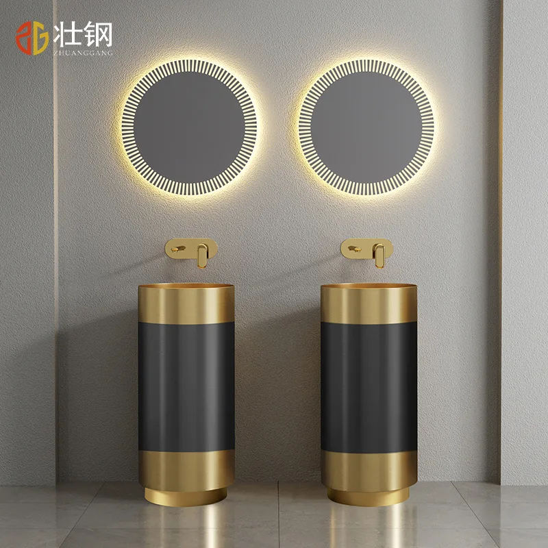 

Anti-kick lamp foot stainless steel column basin hotel bathroom round column type washbasin integrated floor wash basin