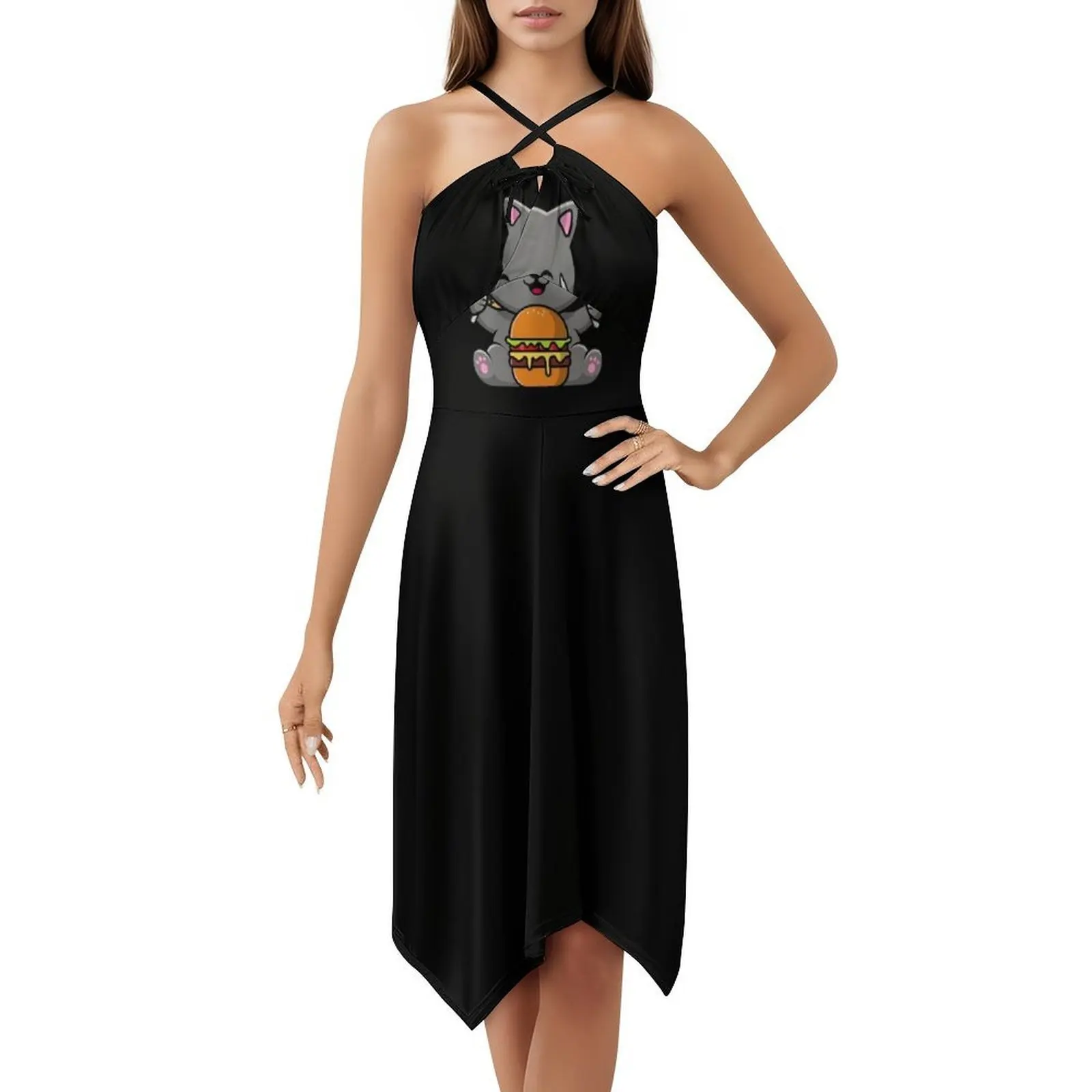 فستان بوهيمي بدون أكمام لآكل القطط، فستان متعدد الطباعة لقضاء العطلات على الشاطئ، فستان برجر للقطط، طعام القطط، فستان برجر أحب