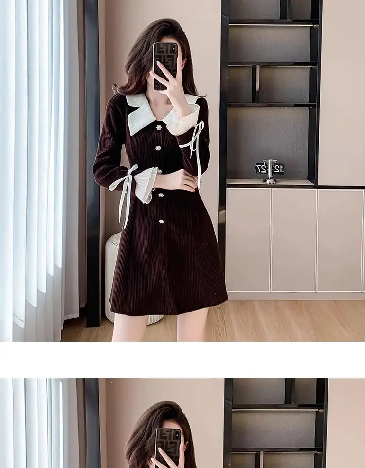 Corduroy Dress Women\'s Doll Collar Ruffled Long Sleeved Short Skirt