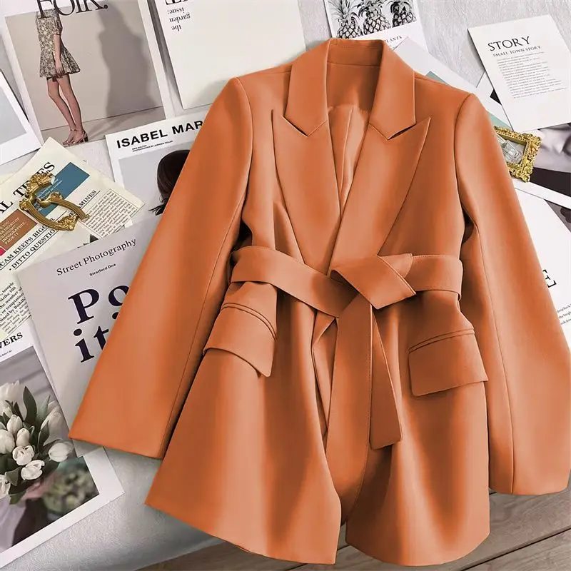 Green Lace Up Waist Cinching Slimming 2026 Autumn New Jacket Women's Spring Suit Top Popular Light Mature Style Blazer Orange