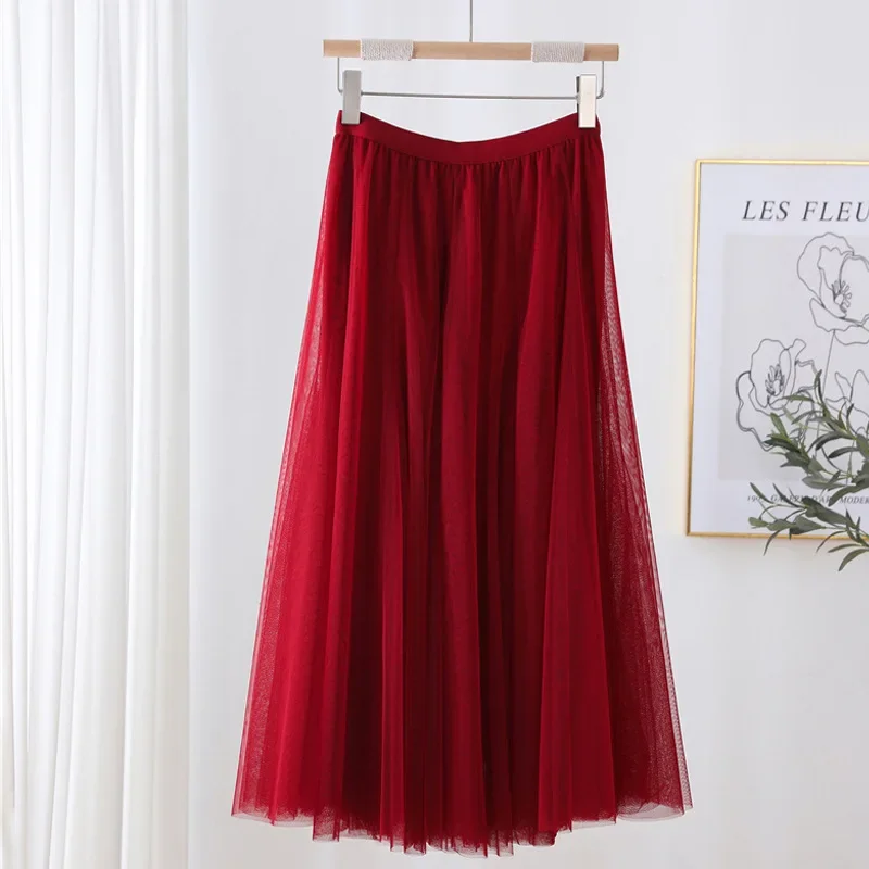 Hot Women Mesh Elastic Tutu Skirt Beach Spring Summer Korean High Waist Fashion Pleated Long Skirt Black White Tulle Skirts