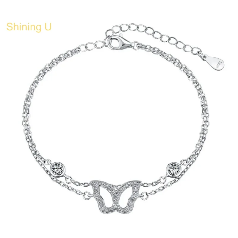 

Сияющий U S925 серебряный браслет с бабочкой и цирконием, двойная цепочка для женщин, ювелирные изделия, подарок на день рождения