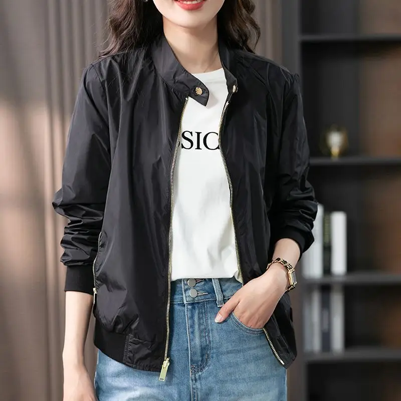 Baseball Aviator Coat Woman Zip-up Black Spring Autumn Plain Bomber Jacket for Women 2025 Trend Fashion High Quality Long Sleeve