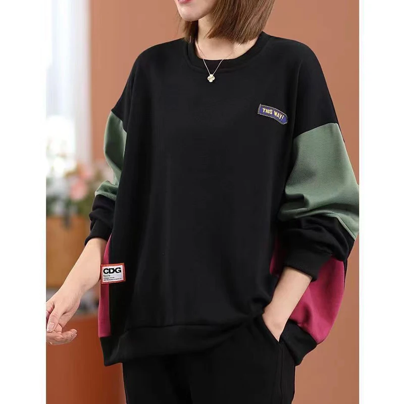 Women Vintage Contrast Color Patchwork Oversize Streetwear Sweatshirt Y2K Casual Round Neck Long Sleeve Pullover Tops Sudaderas