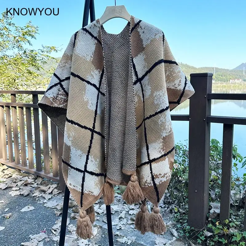 Plaid Poncho Women Warm Artificial Cashmere Shawl Lady Knitted Two Way Wrap Loose Ethnic Sweater Jacket Autumn Winter Pashmina