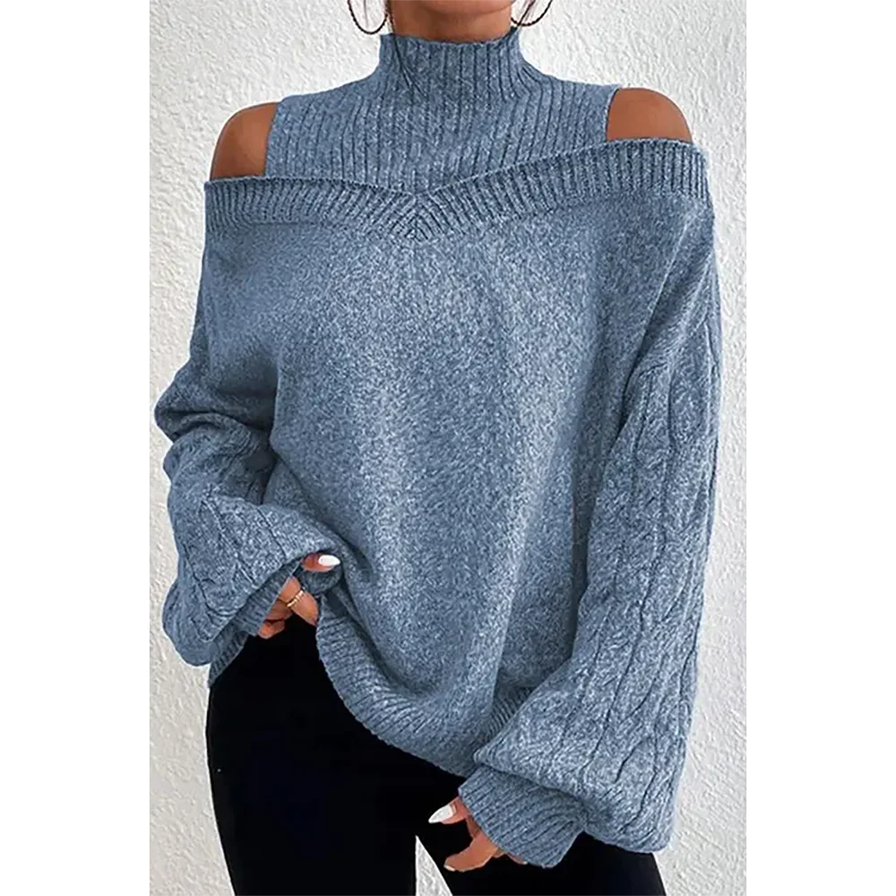 Plus Size Casual Sweater Black Cable Knit Lantern Sleeve Cold Shoulder Sweater