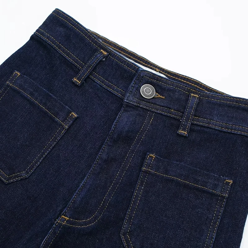 Casual Women\'s High Waist Straight-leg Jeans Pants Fashion All-match Denim Pants Button Zipper Jean Trousers Navy Pocket Bottoms