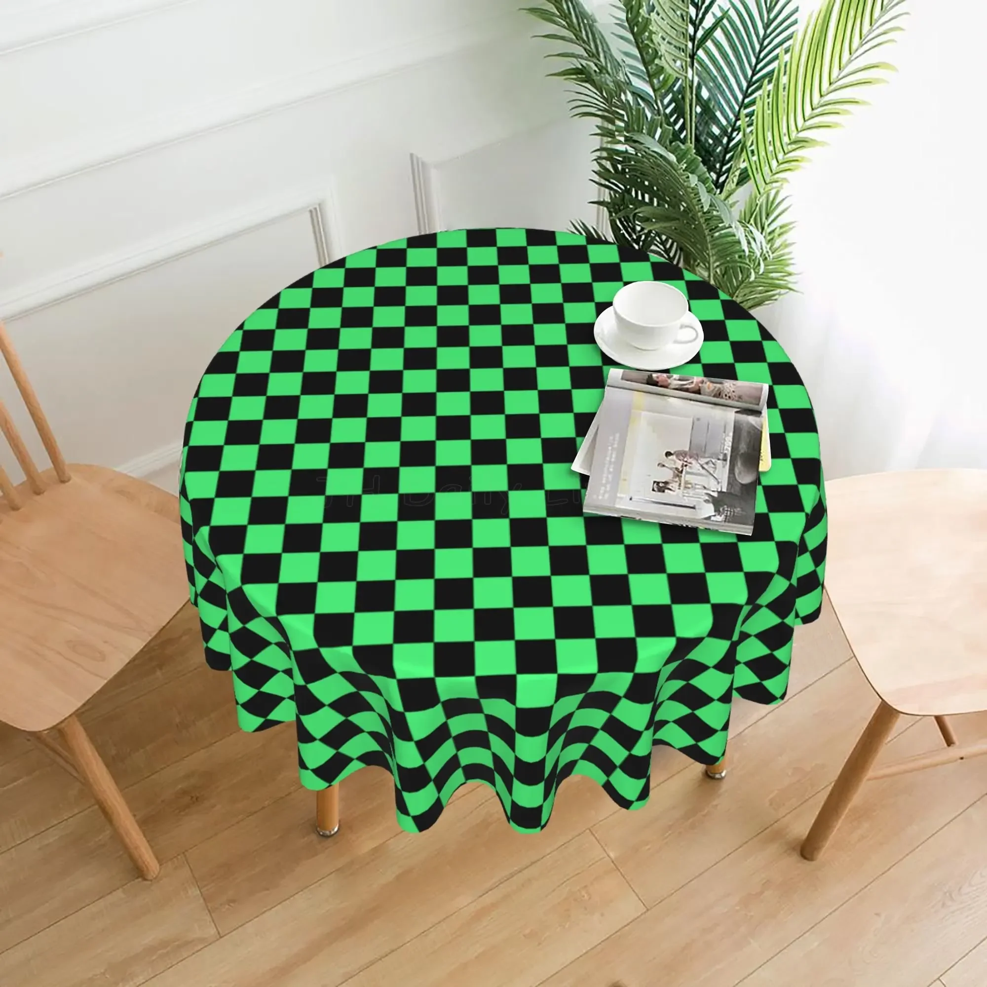 Black and Green Checkerboard Pattern Table Clothe for Dining Table Waterproof Round Tablecloth 60 Inch Party Wedding Decoration