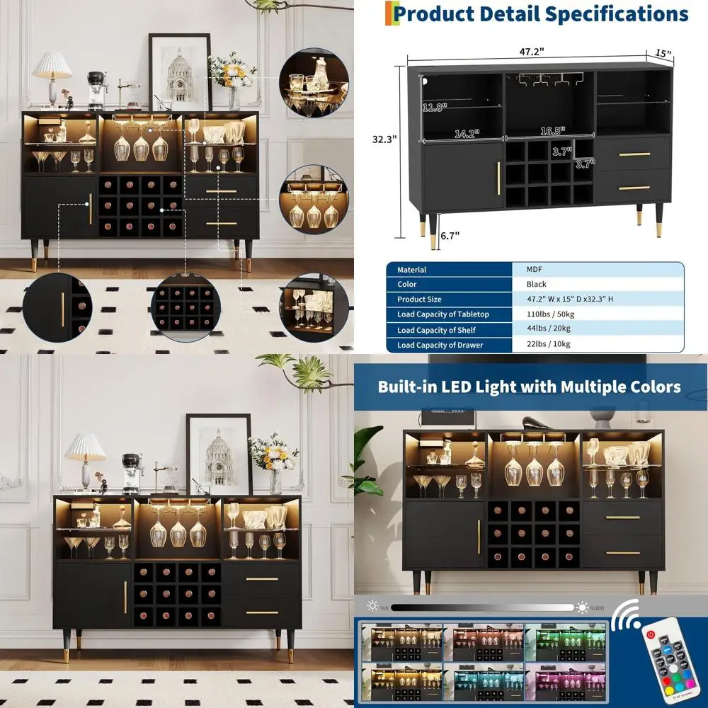 

Винный шкаф-бар 47 дюймов со светодиодной подсветкой и зарядной станцией – современный деревянный кофейный бар с местом для хранения, буфет-сервант для гостиной
