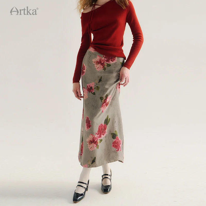 ARTKA 2024 Autumn New Women Skirt French Elegant Satin Split Fishtail Skirts High Waist Flower Print Long Skirt Female QA92345Q