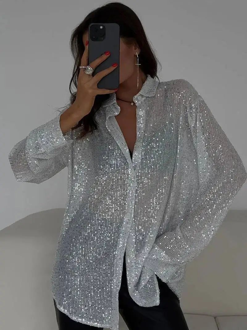 

Женские глянцевые рубашки для вечеринок, блузки, однобортные дизайнерские рубашки на пуговицах с длинными рукавами, уличная одежда, всесезонные блестящие топы MG7E