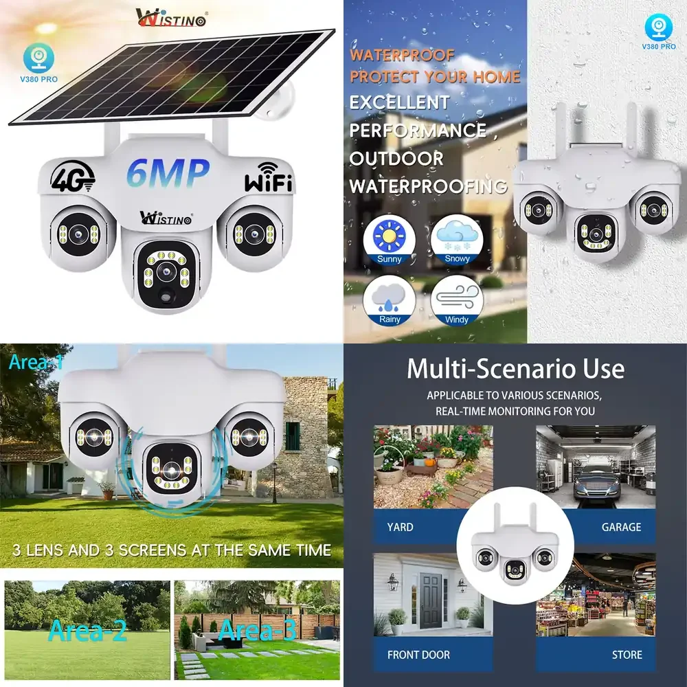 

6MP Outdoor Security Camera for V380Pro Three Screen PTZ Human Motion Detection Alarm 4G Solar Powered Wireless CCTV