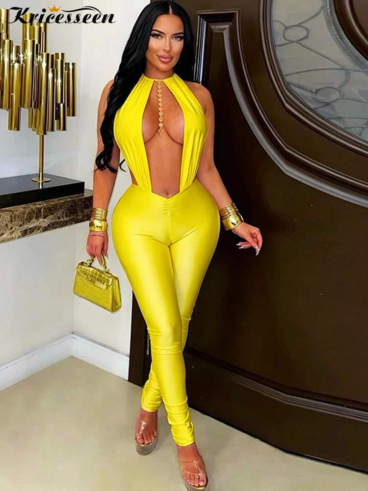 

Kricesseen Sexy Yellow Halter Jumpsuit Women Deep V Neck Cut Out Bodycon Overalls Fashion Birthday Club Outfits One Piece Pants
