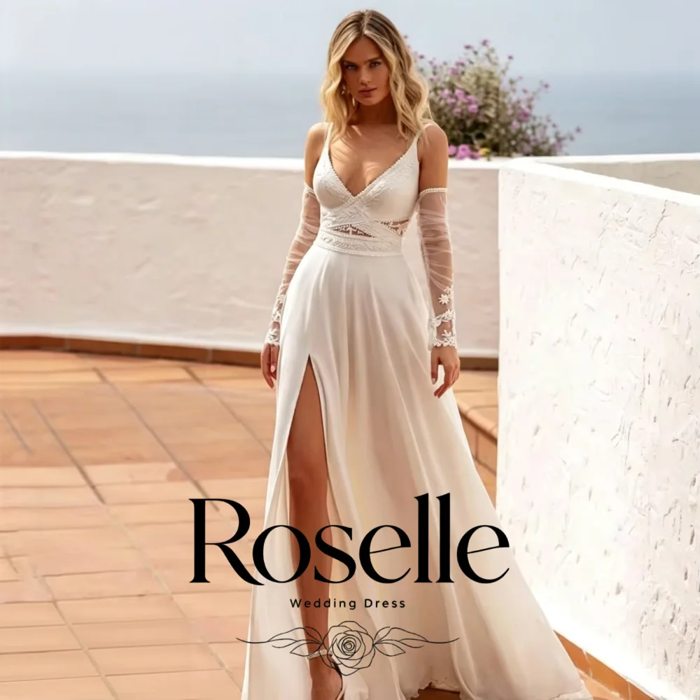 Beach Boho Bridal Gown Deep V Spaghetti Straps Lace Waist Detachable Sleeves High Slit Chiffon Wedding Dress Vestido De Novia