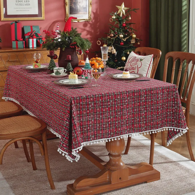 

2026 Christmas Grid Tablecloth White Snow Ornamental Tassel Table Vintage Dining Table Cover for Kitchen Festive Decorations