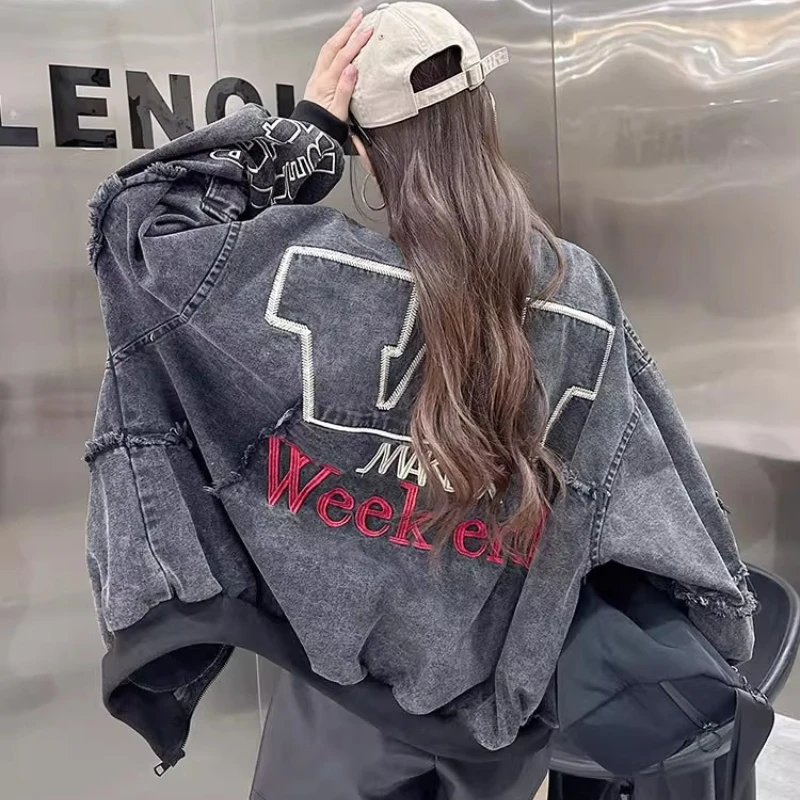 블랙 레트로 데님 재킷 유니섹스 봄 가을 루즈 슬라우치 아메리칸 스트리트 스타일 빈티지 야구 패션 트렌디 코트