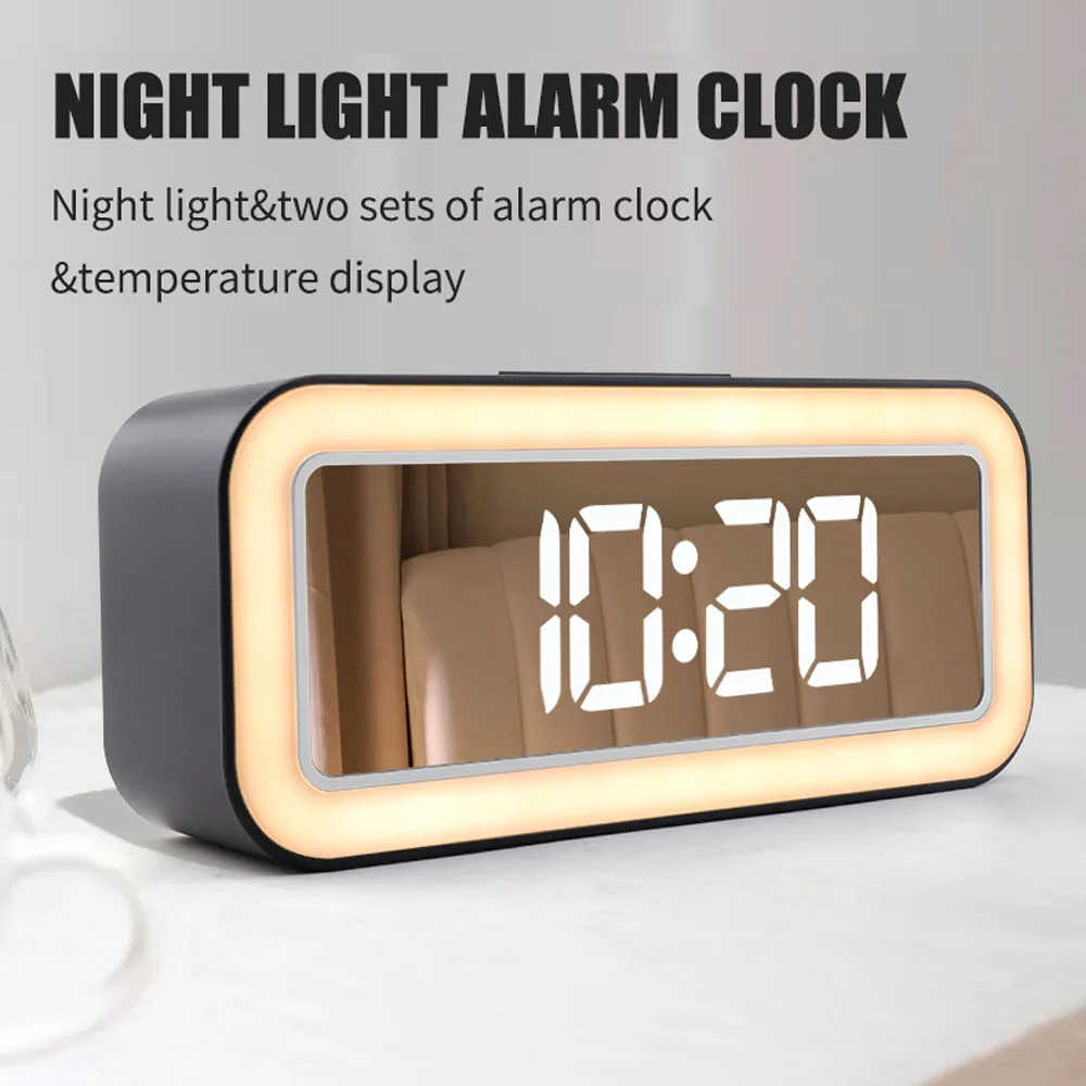 

TS-3002 LED Digital Alarm Clock Night Light Mirror Thermometer Type-C USB Output Table Dual Snooze Alarm 3 Gear Brightness Clock