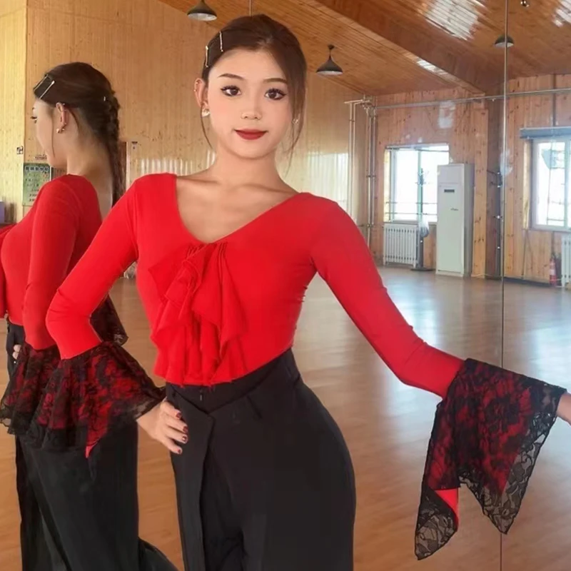 

Ballroom Dance Tops Women Latin Dance Clothes V Neck Red Long Sleeves Bodysuit Waltz Performance Costume Practice Wear BL12088