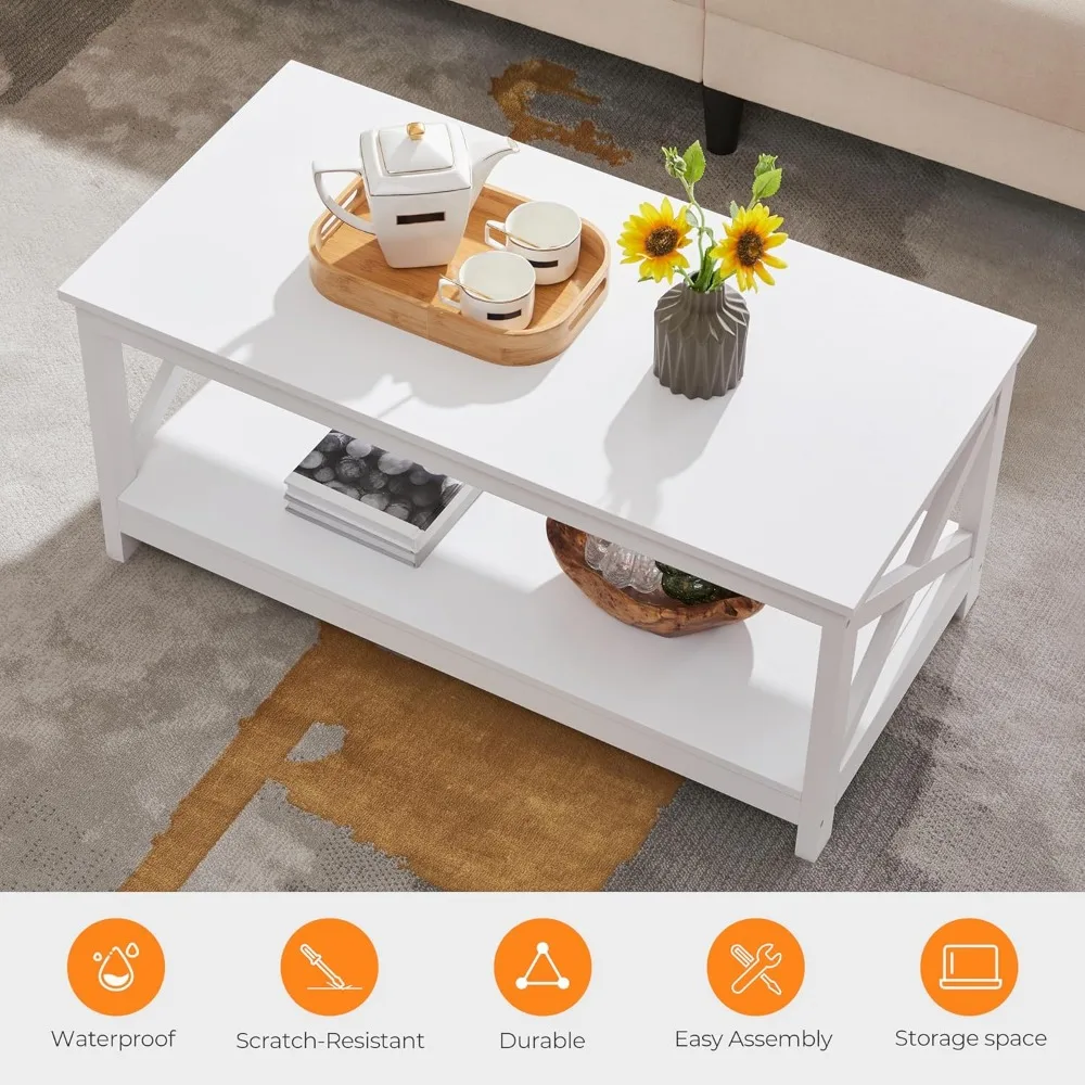 Mesa de centro de madera de 2 niveles con estante de almacenamiento para sala de estar, mesa de cóctel de acento de Diseño X, muebles para el hogar de diseño Simple