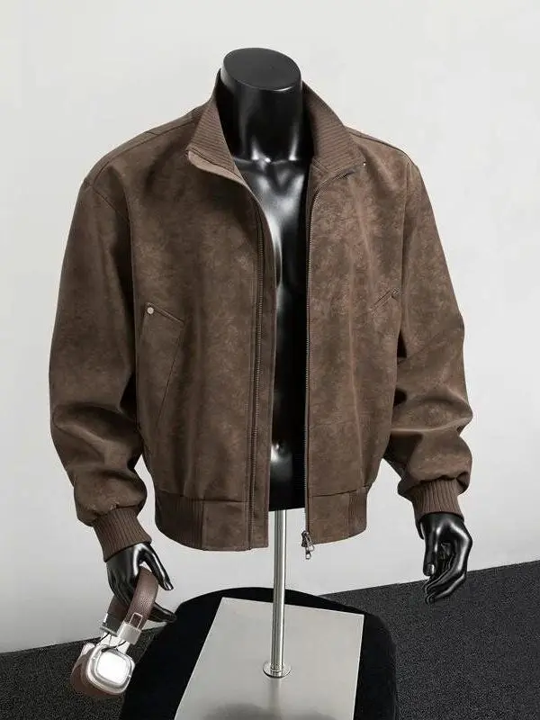 

Мужская кожаная куртка в американском ретро-стиле с воротником-стойкой, модная универсальная верхняя одежда для мотоциклистов, осень-зима