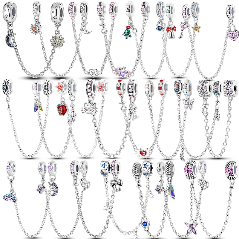 

925 Sterling Silver Women Bracelet with Charms Stars & Moon Sunflower Aircraft Earth Camera Daisy Silicone Fit Safety Chains