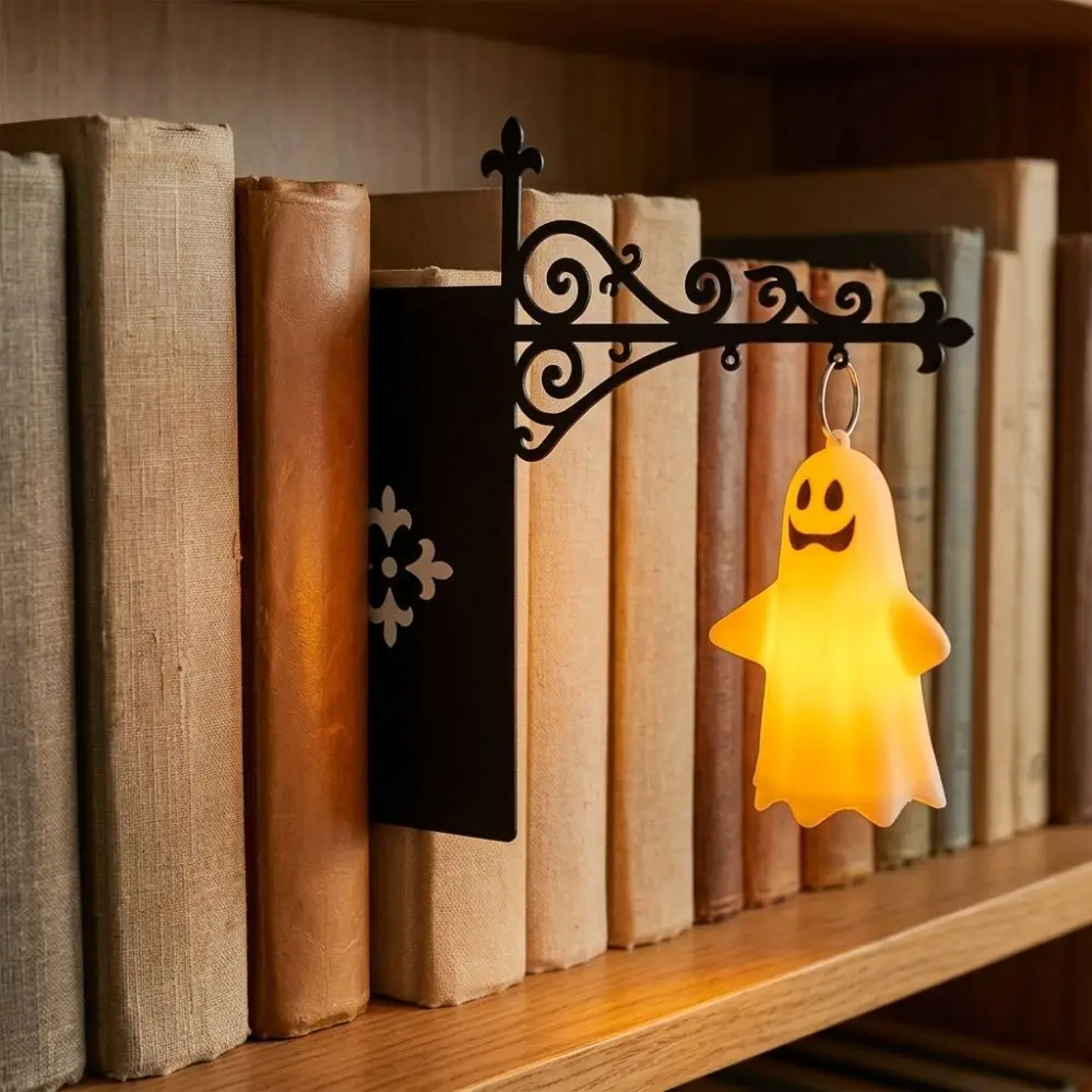 Warm White Light Halloween Ghost Bookshelf Lamp LED Lighting Vintage Style Library Ghost Figurine Lantern Glowing Wrought Iron