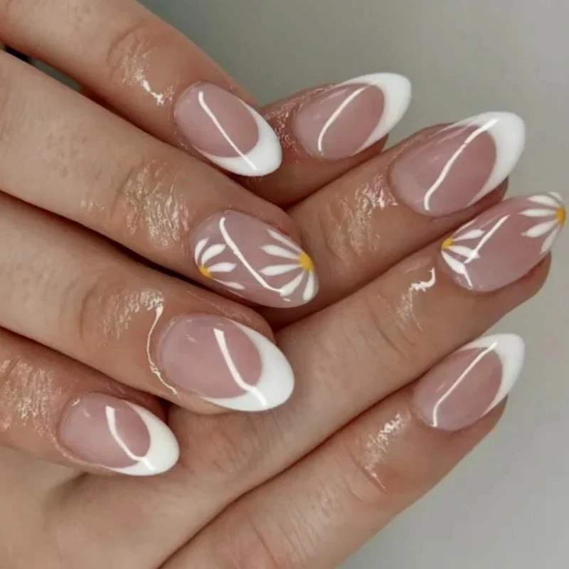 

French White Border Daisy Flowers Bowknot Long Pointed Fake Nails Art Almond False Nails Press on Nails Charms Manicure Supplies