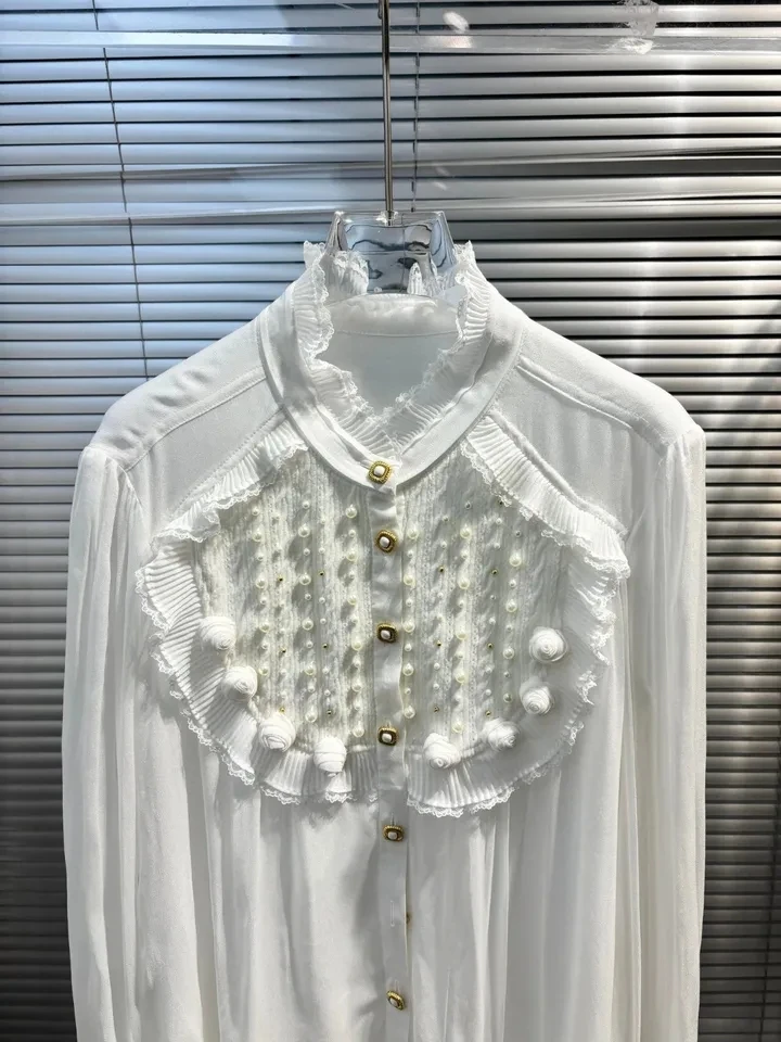 2024 Spring Luxury Fashion Women Pearl High Quality White Long Sleeve Shirt Blouse for Lady