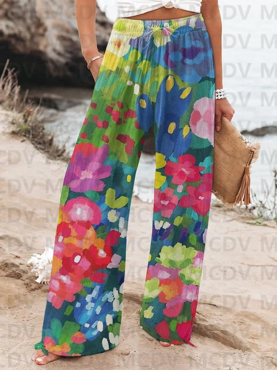 

Women's Black Retro Ethnic Flowers Printed Linen Casual Pants 3D Printed Women's Casual Pants