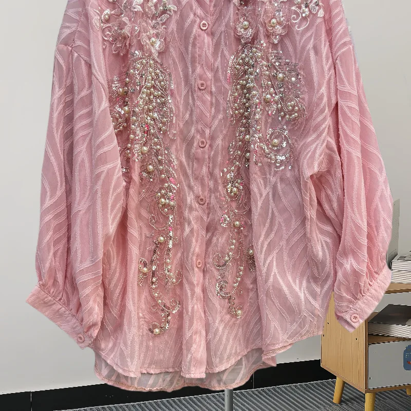 2025 New Spring All-match Long Sleeve Women Blouses Luxury Beads Sequins Mid-long Loose Cardigans Top Casual Sunscreen Shirts