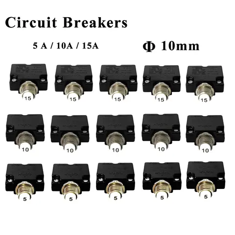 5pcs/lot, Circuit Breakers 5A 10A 15A Current Overload Protector Thermal Push Button Switch Waterproof Resettable