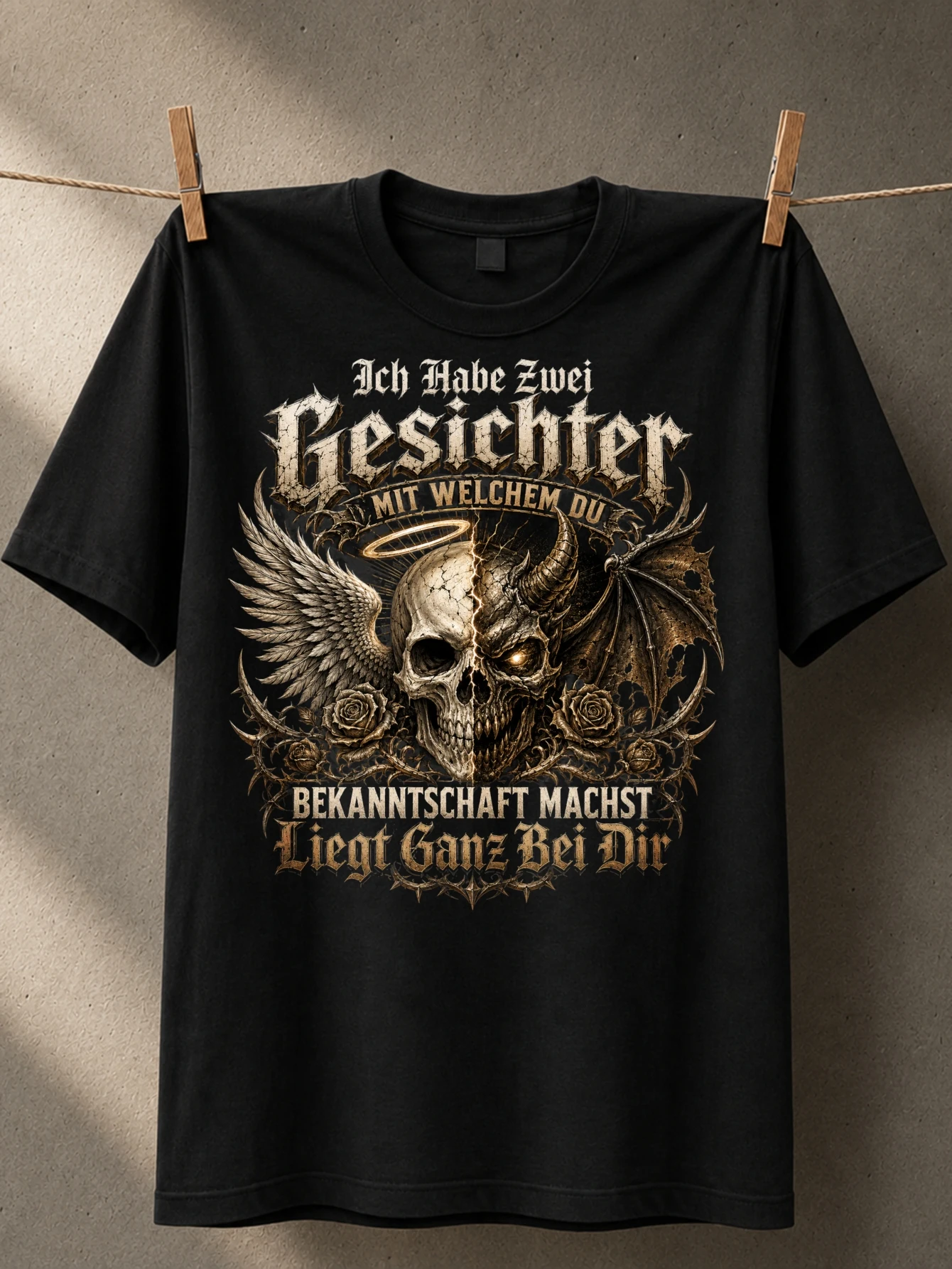 T-shirt unisexe style gothique avec ailes et cornes, halo de roses et lettrage d'amitié allemande, style fantaisie sombre