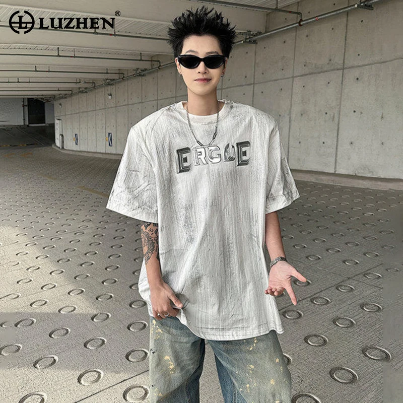 

LUZHEN Vintage Wornout Tie-dyed Short Sleeve T-shirt Men's Letter Patchwork 2025 Summer Streetwear Original Loose Clothes JY2929